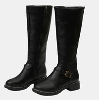 Nora | Damen Kniehohe Stiefel Kunstleder Schnalle Reißverschluss Knee High Boots – Schwarz