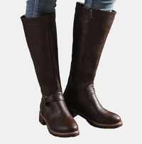 Nora | Damen Kniehohe Stiefel Kunstleder Schnalle Reißverschluss Knee High Boots – Dunkelbraun
