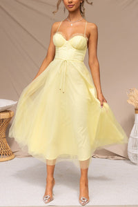 Damen Korsett-Midikleid mit Herzausschnitt und Tüllrock – Gelb