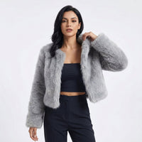 Lena | Damen Kurz Kunstpelz Cardigan Jacke – Grau