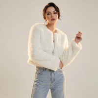 Lena | Damen Kurz Kunstpelz Cardigan Jacke – Weiß