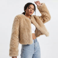 Lena | Damen Kurz Kunstpelz Cardigan Jacke – Helles Curry