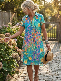 Damen Kurzarm Hemdkleid mit Polokragen und Blumenmuster – Grün mit Blumenmuster