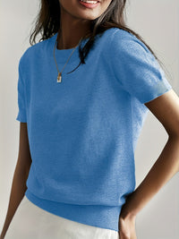Nora | Damen Kurzarm Rundhals Knit Sweater Top Lockere Passform – Blau