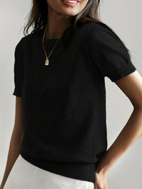 Nora | Damen Kurzarm Rundhals Knit Sweater Top Lockere Passform – Schwarz