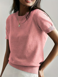 Nora | Damen Kurzarm Rundhals Knit Sweater Top Lockere Passform – Rosa