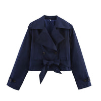 Damen Kurze Jacke mit Doppelreihiger Knopfleiste und Bindegürtel – Dunkelblau