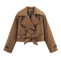 Damen Kurze Jacke mit Doppelreihiger Knopfleiste und Bindegürtel – Dunkelbraun