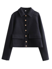 Damen Kurze Jacke mit Hemdkragen und Knopfleiste sowie Klappentaschen – Dunkelblau