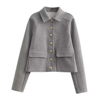Damen Kurze Jacke mit Hemdkragen und Knopfleiste sowie Klappentaschen – Grau