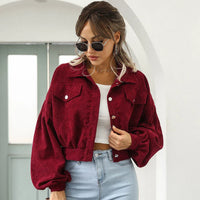 Damen Kurze Jacke mit Knopfleiste Kragen Brusttaschen und Langen Ärmeln – Bordeaux