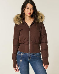 Damen Kurze Steppjacke mit Fellkapuze Frontreißverschluss und langen Ärmeln – Braun