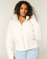 Damen Kurze Steppjacke mit Fellkapuze Frontreißverschluss und langen Ärmeln – Weiß