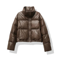 Damen Kurze Steppjacke mit Stehkragen Druckknopfleiste und Eingrifftaschen – Braun