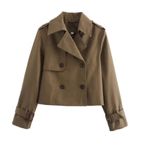 Charlotte | Damen Kurzer Doppelreihiger Trench Coat mit Schnallenärmeln – Braun