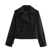 Charlotte | Damen Kurzer Doppelreihiger Trench Coat mit Schnallenärmeln – Schwarz
