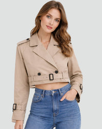 Amelie | Damen Kurzer Taillierter Trench Coat Doppelreihig Gürteljacke – Khaki