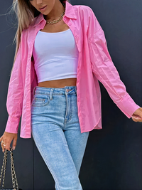 Damen lässige Bluse mit Knopfleiste | Langarm – Rosa
