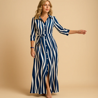 Damen Langarm Hemdkleid | Maxi – Blau gestreift