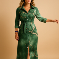Damen Langarm Hemdkleid | Maxi – Grün