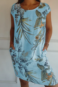 Damen lässiges geblümtes Kleid mit Taschen | Mini – Blau