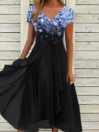 Damen lässiges Vintage-Blumenkleid | Midi – Blau-Schwarz