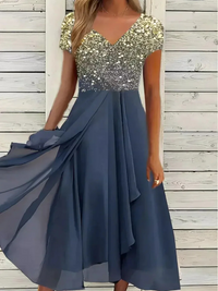 Damen lässiges Vintage-Blumenkleid | Midi – Gold-Blau