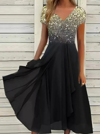 Damen lässiges Vintage-Blumenkleid | Midi – Gold-Schwarz