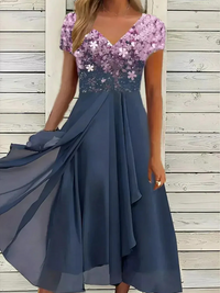Damen lässiges Vintage-Blumenkleid | Midi – Rosa-Blau