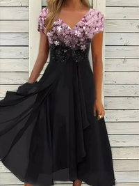 Damen lässiges Vintage-Blumenkleid | Midi – Rosa-Schwarz