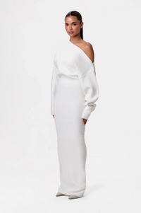 Damen Langärmliges Strick-Maxikleid mit Asymmetrischem Schulterausschnitt – Weiß