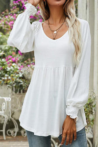 Mia | Damen Langarm Babydoll-Tunika mit V-Ausschnitt geraffter Taille – Weiß