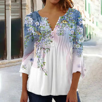Charlotte | Damen Langarm Bluse Geblümtes Henley-Shirt Relaxed Fit – Weiß-Blau