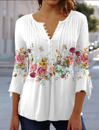 Charlotte | Damen Langarm Bluse Geblümtes Henley-Shirt Relaxed Fit – Blütenweiß