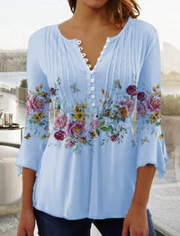 Charlotte | Damen Langarm Bluse Geblümtes Henley-Shirt Relaxed Fit – Hellblau