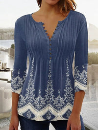 Charlotte | Damen Langarm Bluse Geblümtes Henley-Shirt Relaxed Fit – Blau