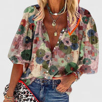 Annika | Damen Langarm-Bluse mit floralem Allover-Print und V-Ausschnitt – Grün