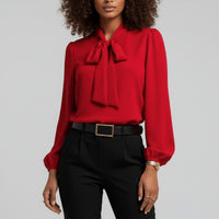 Sophie | Damen Langarm-Bluse Schleifenkragen Relaxed-Fit Büro – Scharlachrot
