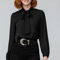 Sophie | Damen Langarm-Bluse Schleifenkragen Relaxed-Fit Büro – Tiefschwarz