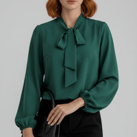 Sophie | Damen Langarm-Bluse Schleifenkragen Relaxed-Fit Büro – Waldgrün