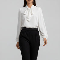 Sophie | Damen Langarm-Bluse Schleifenkragen Relaxed-Fit Büro – Reinweiß