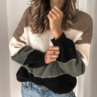 Damen Langarm Farbblock Pullover mit Rundkragen und horizontalen Streifen – Grau