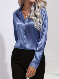 Damen Langarm Hemd mit Kentkragen Verdeckter Knopfleiste und Glänzender Oberfläche – Blau
