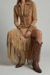 Katharina | Damen Langarm Maxi-Kleid mit Fransen und Western-Stickerei – Hellbraun