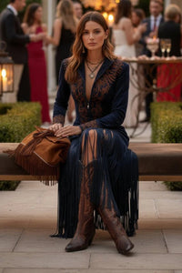 Katharina | Damen Langarm Maxi-Kleid mit Fransen und Western-Stickerei – Marine