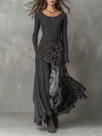 Amelie | Damen Langarm Maxi-Kleid Rippstrick Leopardenmuster Unregelmäßiger Saum – Grau