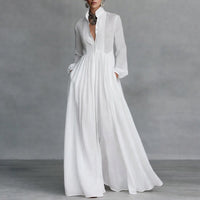 Sophie | Damen Langarm Maxikleid Fließendes Hemdblusenkleid mit Stehkragen – Weiß