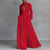 Sophie | Damen Langarm Maxikleid Fließendes Hemdblusenkleid mit Stehkragen – Rot