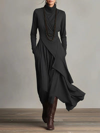 Luisa | Damen Langarm-Maxikleid mit Rollkragen asymmetrischem Saum – Schwarz