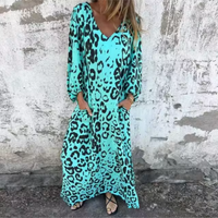 Damen Langarm Maxikleid mit V-Dekolleté und gemusterter Oberfläche – Türkis mit Leopardenmuster